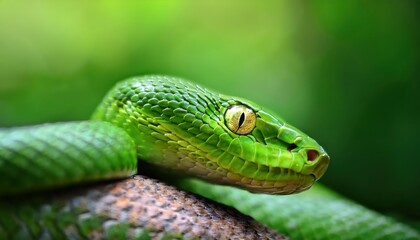 Obraz premium Striking Closeup of a Vivid Green Snake with Detailed Scales and Intense Eyes, Set Against a Lush Green Background