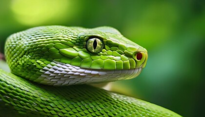 Obraz premium Vivid Green Snake in Detailed Closeup, Showcasing Intense Eyes and Glossy Scales Against a Lush Green Backdrop at Dusk