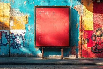 Outdoor red billboard on vibrant graffiti wall in urban street setting