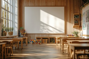 Bright classroom with large whiteboard and wooden furniture