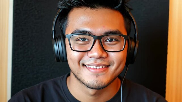 Young man wearing headphones smiles while engaged in a recording session in a cozy studio environment