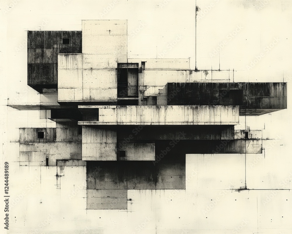 Poster a striking abstract architecture design featuring layered geometric forms and contrasting textures, 