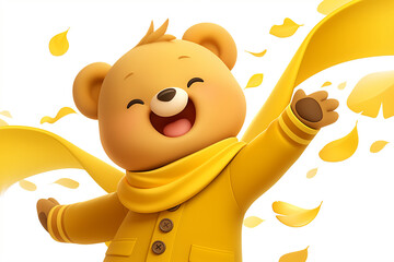 Happy bear in yellow scarf and coat isolated on white background with yellow autumn leaves