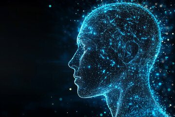 Fototapeta premium Glowing blue digital human body model isolated on a black background