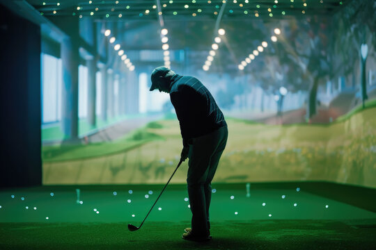 Silhouette of a man playing golf in a futuristic indoor simulator with glowing light