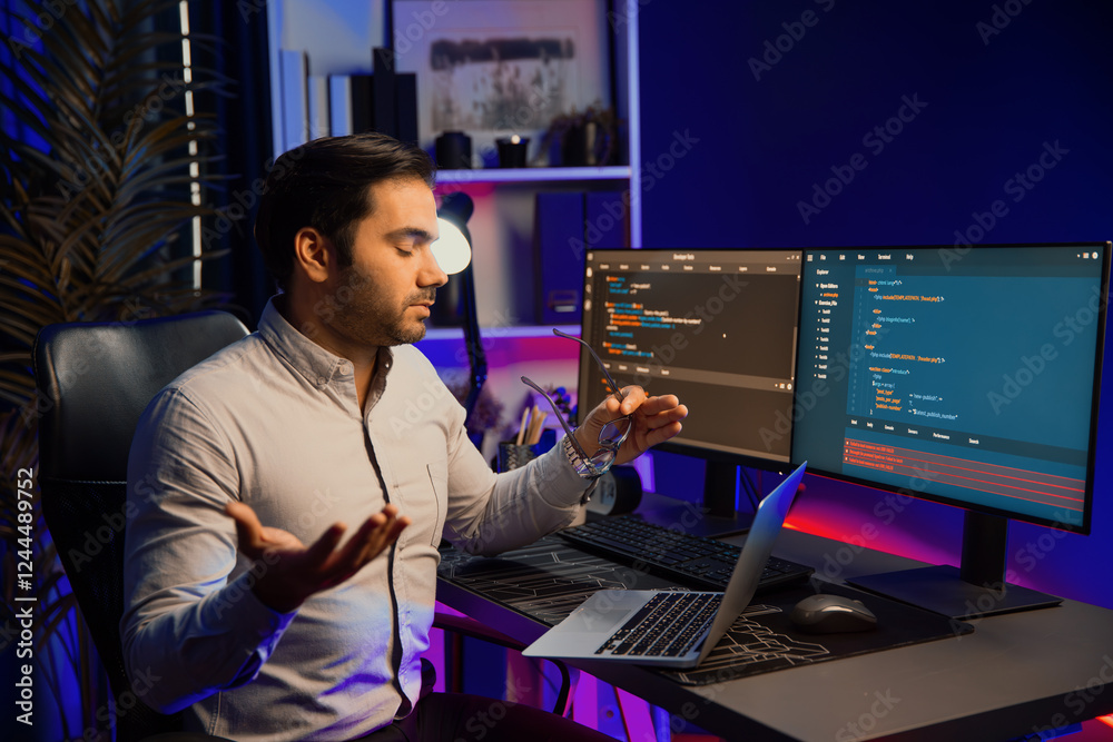 Poster serious smart it developer meeting via application team record on laptop to solve problem in error s
