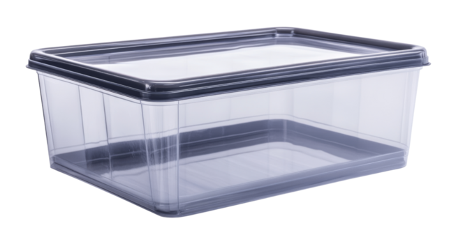 Empty transparent plastic food container with lid on transparent background