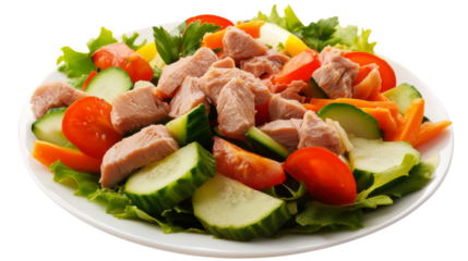 Tuna fish salad with lettuce, cucumber, tomato, carrot on transparent background