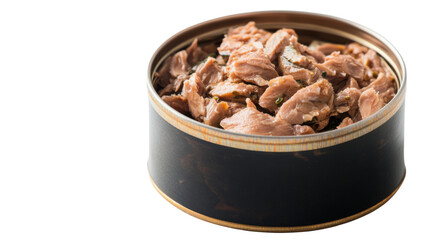 Obraz premium Open tin can showing preserved tuna fish meat with herbs on transparent background