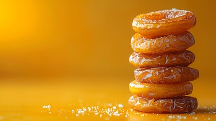 A perfect shot of solitary stack of dehydrated dates placed in yellow background