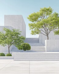 A modern architectural landscape featuring geometric forms, steps, and lush greenery, blending nature with contemporary design elements.