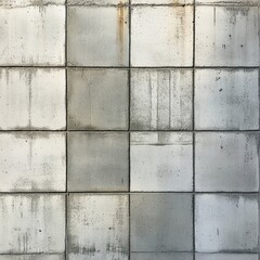 Gray concrete wall tiles showcase a mix of textures and shades, creating a unique pattern. The tiles reveal signs of wear, enhancing the urban aesthetic in bright daylight