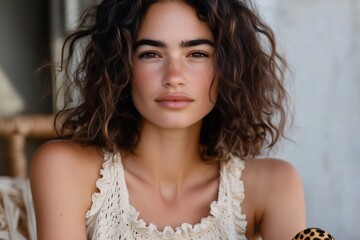 woman has wild, textured waves and a confident, effortless energy, paired with a soft cream crochet tank top featuring delicate ruffled trim