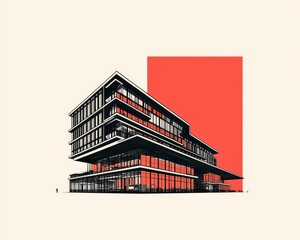 A modern architectural structure featuring a unique design with large glass windows and bold geometric shapes set against a vibrant background.