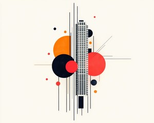 A modern abstract representation of a skyscraper surrounded by geometric shapes in vibrant colors, creating a bold visual impact for contemporary decor.