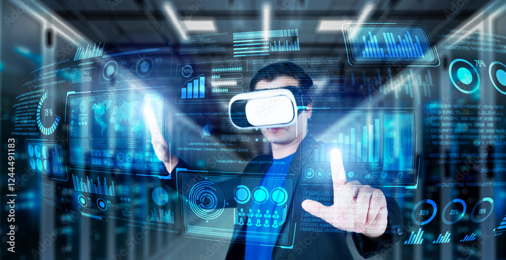 Poster businessman with headset standing at data center while analyzing financial data. manager pointing ma