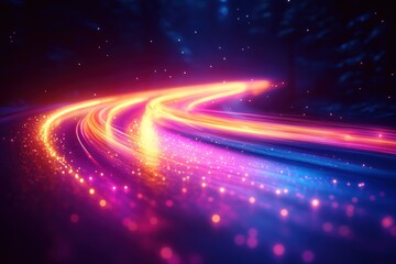 Obraz premium A vibrant, glowing road with colorful light trails in a dark forest setting.