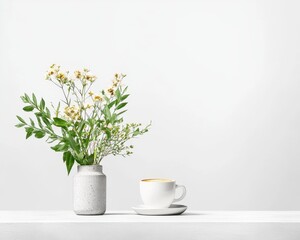 A stylish arrangement of fresh flowers in a minimalist vase beside a simple white cup on a clean table. Perfect for a modern lifestyle aesthetic.