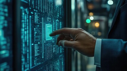 A hand interacts with a digital circuit board display, symbolizing technology and innovation.