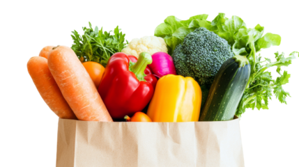 Paper shopping bag overflowing with fresh colorful vegetables on transparent background