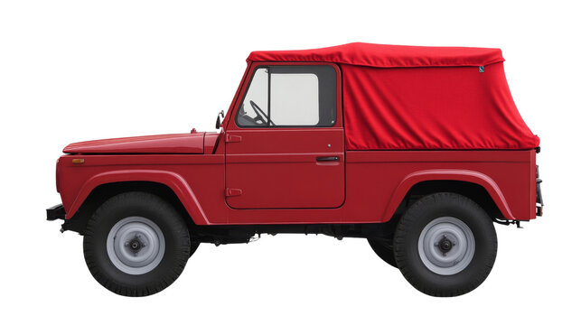 Red off-road vehicle with canvas top on transparent background