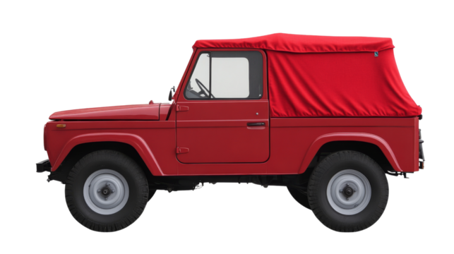 Red off-road vehicle with canvas top on transparent background