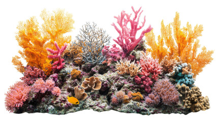 Colorful coral reef with tropical fish thriving on transparent background
