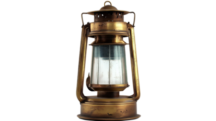 Old brass kerosene lantern illuminating the darkness with transparent background