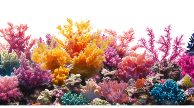Colorful coral reef panorama on transparent background for marine life concepts