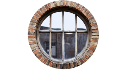 Round window reflecting building in transparent background