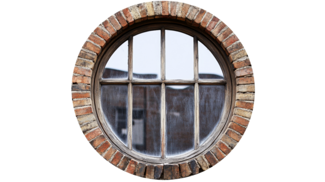 Round window reflecting building in transparent background