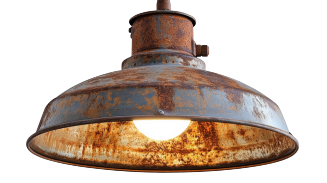 Rusty industrial style lamp hanging and illuminating with transparent background