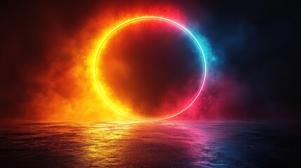 A glowing circular portal surrounded by colorful fog and reflections.