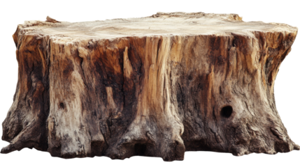 Large tree stump isolated on transparent background showing knots and cracks