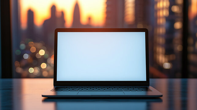 Laptop placed on the shiny and clean office table. city skyscrapers blurred in the background, tall buildings at the sunset seen through the white office glass windows, empty white blank screen.