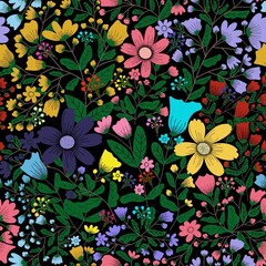 A seamless floral pattern with colorful flowers and green leaves on a black background. This vibrant and lively design is ideal for fabric prints, wallpapers, gift wrapping, and digital projects.