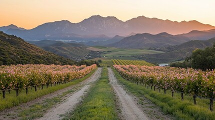 Naklejka premium Vineyard road leading to mountains at sunset.