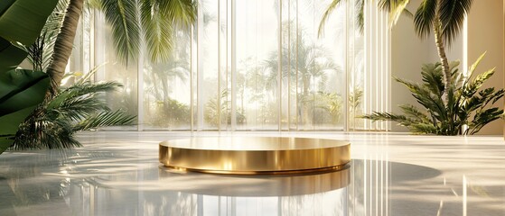Minimalist Gold Podium with Reflective Water, Tropical Palm Trees, and Contemporary Architecture. Copy space. Generative AI