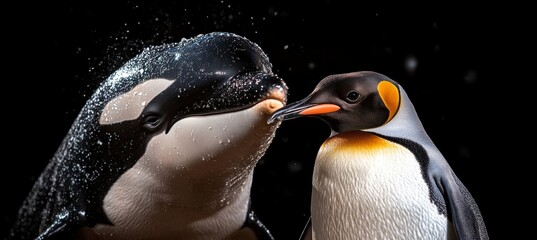 Orca and King Penguin Intimate Encounter, Majestic Wildlife Bonding Moment Against Black Background