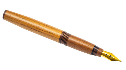 Elegant wooden fountain pen with gold nib on transparent background