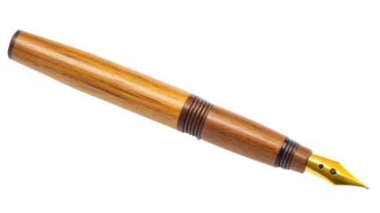 Elegant wooden fountain pen with gold nib on transparent background