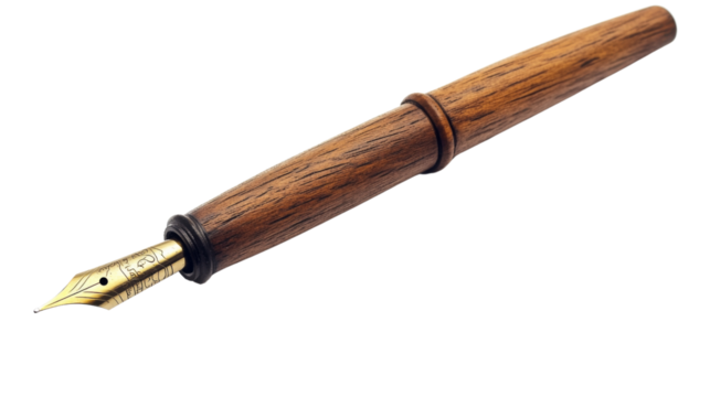 Elegant wooden fountain pen with gold nib on transparent background