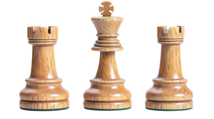 Fototapeta premium Wooden chess king standing between two rooks on transparent background