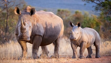 Intimate Moment Majestic White Rhinos Bonding in the Wild at Dawn, Marakele National Parks Savannah Backdrop
