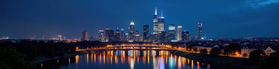 Fototapeta premium Night view of Frankfurt skyline, illuminated skyscrapers, towers, panorama