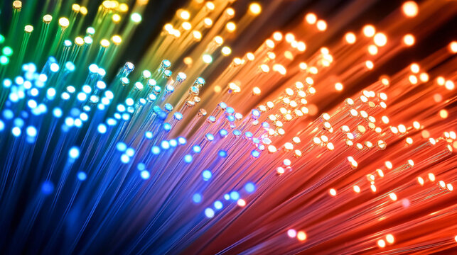 Vibrant fiber optic cables glowing in bright blue orange and yellow hues representing high-speed data transmission and modern communication
