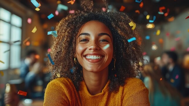 A joyful young woman smiles brightly surrounded by colorful confetti. The festive atmosphere is vibrant and full of energy. Lifestyle people concept.