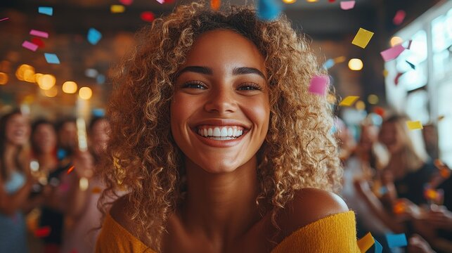 A joyful young woman smiles brightly surrounded by  confetti. The festive atmosphere is vibrant and full of energy. Lifestyle people concept.