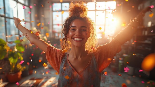 A joyful young woman smiles brightly surrounded by shimmering golden confetti in warm sunlight. The festive atmosphere is vibrant and full of energy. Lifestyle people concept.
