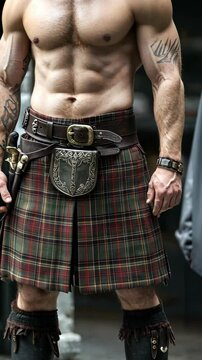Muscular man in a kilt holding a sword at a cultural festival in a historical setting during the daytime